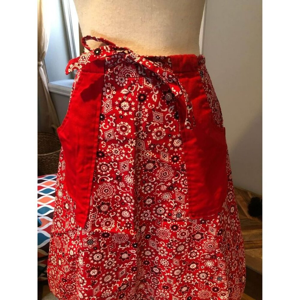 Red Vintage Print Apron Style Wrap Skirt with Pockets, One Size